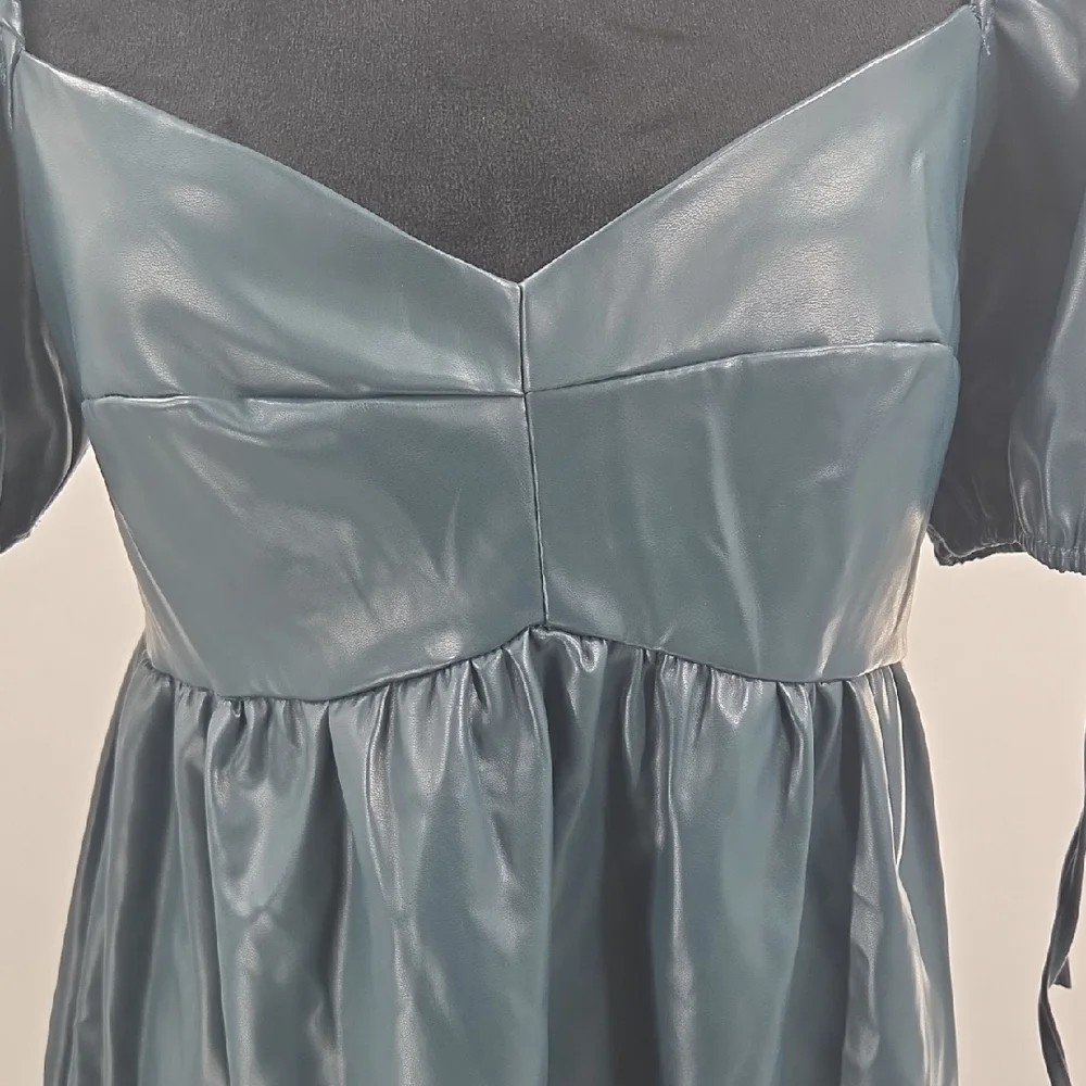 Chic Dark Green Faux Leather Puff Sleeve Mini Dress - Picture 7 of 16